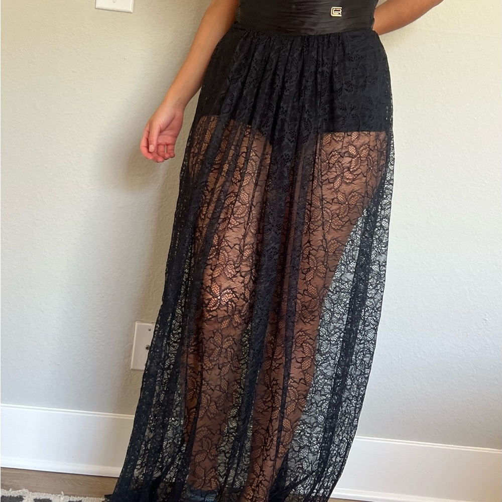 Roberto Cavalli Sheer Black Lace Maxi Skirt